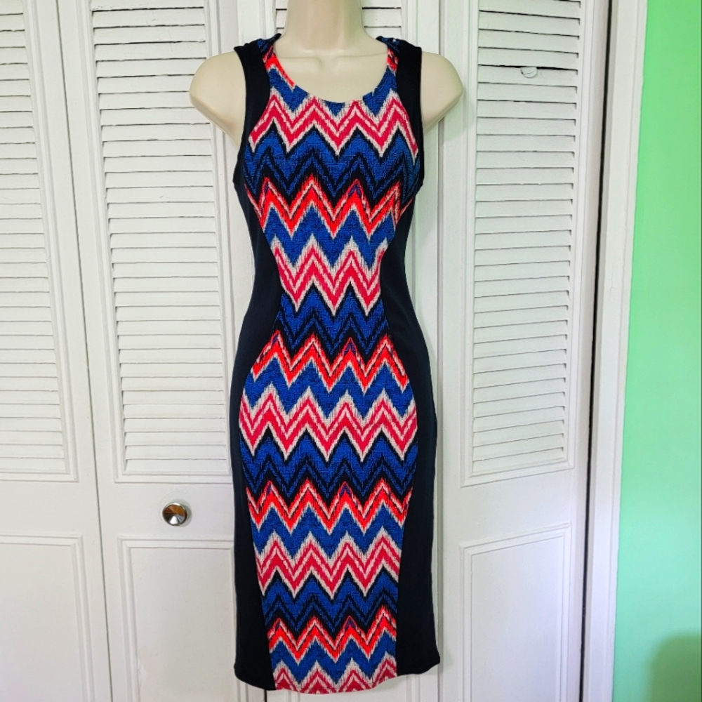 Famous Dark Blue Navy Bodycon Hourglass Chevron  Sleeveless Dress sz Medium